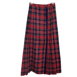 Vtg 1960's Tartan Plaid Pleated Wrap Maxi Skirt Fringe Detail Safety Pin Closure